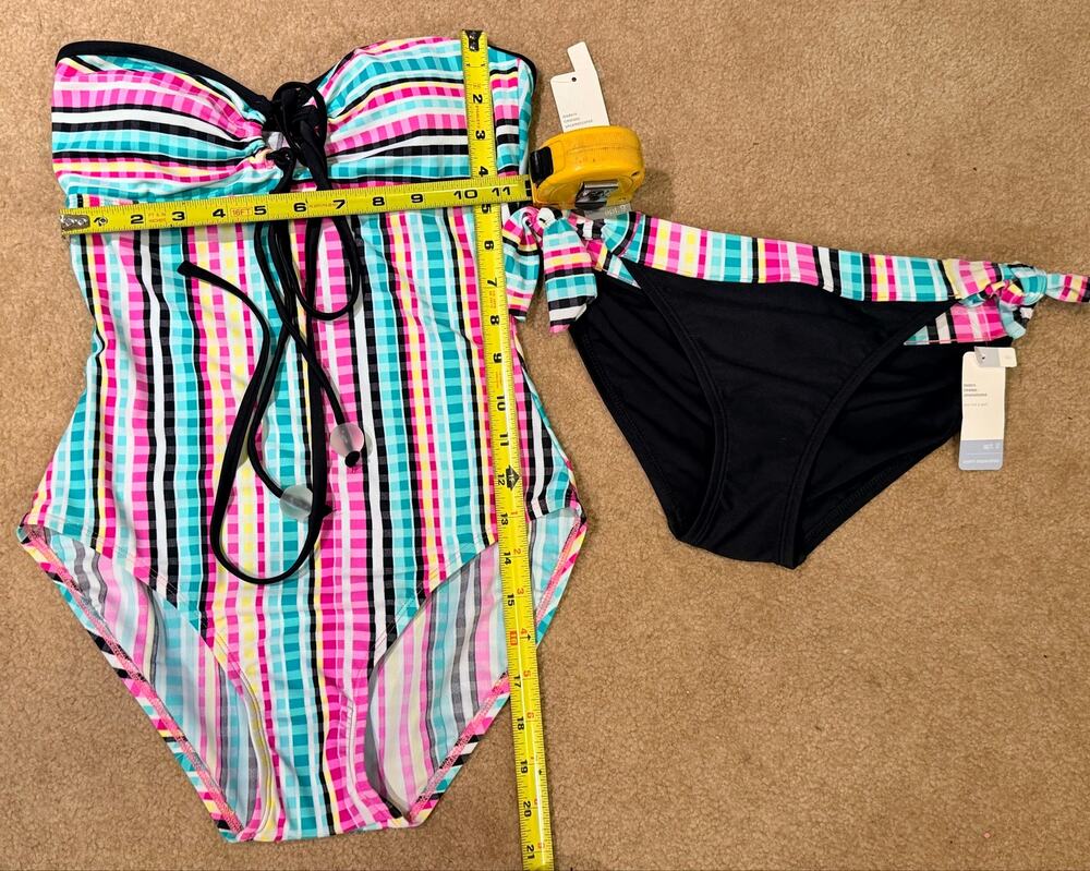 Apt9 SZ 8 Multicolor Plaid Strapless One-Piece Swimsuit & Xtra Bikini Bottom Set